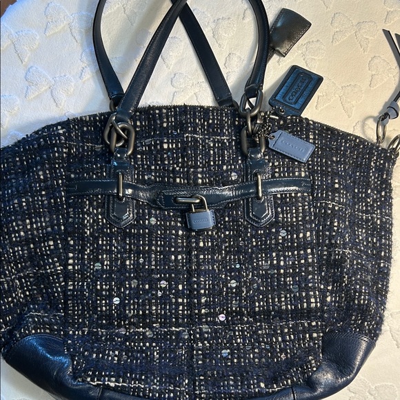 Coach Chelsea Navy Tweed and Sequined Tote - Picture 1 of 8